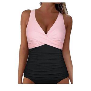 NEW- Pink + Black Firpearl Tankini Twist V Neck Swimsuit Top- Women's 10
